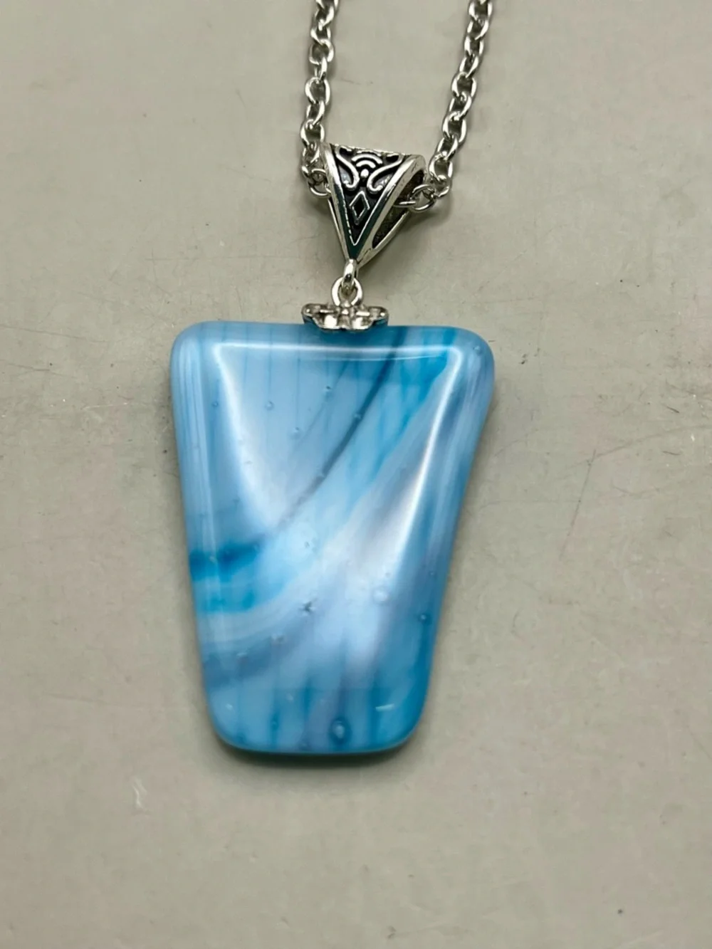 Handmade Fused Glass Pendant Necklace Signed Blue Swirl Silver Tone Chain